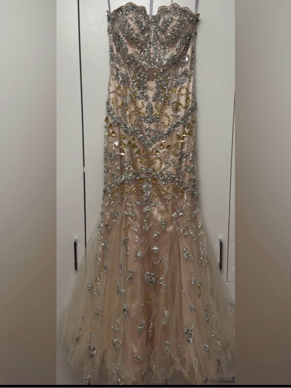 Jovani Blush Pink and Silver Embellished Strapless Mermaid Gown